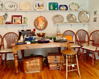 Copper Boiler, vintage picnic baskets, Vintage wood stool, Vintage wood dining table with 6 chairs