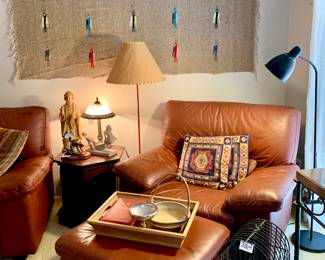 Made in Mexico Thunderbird Rug, Leather comfy chair with ottoman, heavy cast iron-wrought iron bird cage