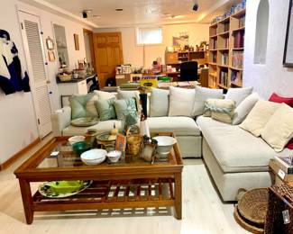 View Of Basement, Sectional Couch, Coffee Table, Desk, Books, Office Misc. Barware, Decor