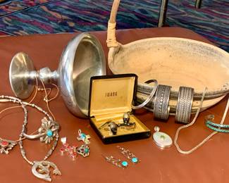 Vintage Signed JEM sandcast Indian Jewelry, Signed multi strand sterling cuff. Vintage Swank Africana cuff links. No precious metal jewelry left overnight.