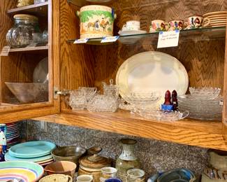 Fostoria clear glass dish ware, Hedron cup and saucers, Vintage painted demitasse cup and saucer etc...