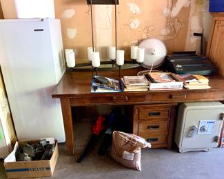 Thomson small refrigerator. Beautiful wood desk- file cabinet and safe. Chandelier