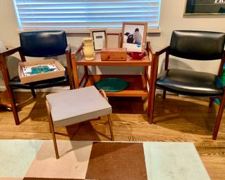 United Chair Co. MCM 1977 black leather and walnut chair. BRDR Furbo MCM Teak Barcart. MCM foot stool