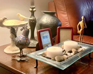 Cast Iron Painted Bird Bath, Bird made with keys-purchased at the Cherry Creek Arts Festival ( damaged ), Black Ceramic handmade pot