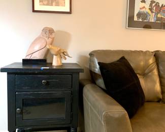 Edward Curtis print of a Native American man. Owl and Giselle statue. Solid wood side table