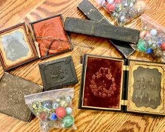 Daguerreotype and tin type photos. Marbles and old glass's