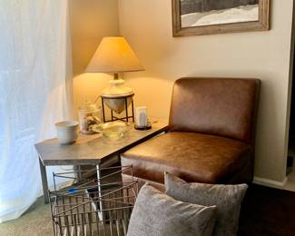 Leather Brown Chair, Side Table, Lighting. Pillows, Landscape Photo Barn Wood Frame