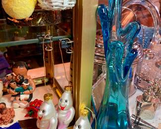Ghost Glass ornaments, Storyteller small pottery,MCM blue vase