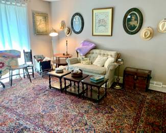 KARASTAN MILL TRIAL- 717 PANEL KIRMAN MULTI 100% WOOL MACHINE WOVEN- 8.8X12' RUG from Michael Handler. Meek and Co. vintage trunk, love seat, antique oval picture with glass