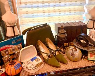 Hand Blown pumpkins, Vintage Ladies razor- shoes-purse. Burberry Scarf, Manakins, old Books