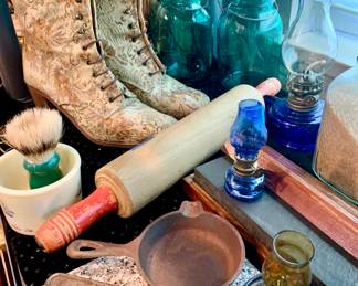 Ladies Fashion boots, antique rolling pin, small lanterns, Old grinder, Ball jars