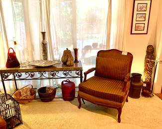 Sofa Table, Custom made 3 fabric arm chair. Austin Productions Moses. Baskets and other decor