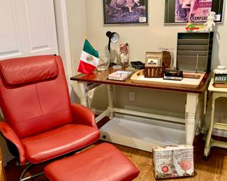 Red Leather chair and foot stool, Travel posters