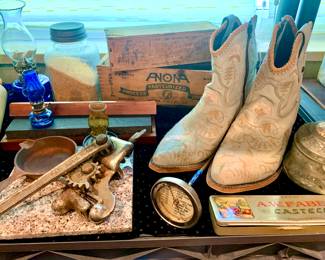 Ladies Fashion boots, Old Vintage wood boxes, small lanterns