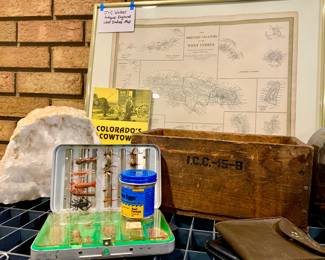 Fishing misc- Huge quartz Rock, Vintage wood Box, JC Weber Map