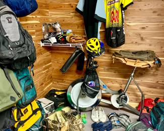 Stationary Bike, Back Packs, Carry On Soft Sided Luggage, Waders, Helmets, Baseball Mitts and Soft Ball, Bowling Balls
