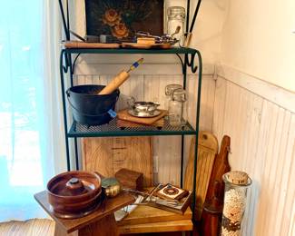Antique Copper, Cast Iron Caldron, Bakers Rake, Antique Stool, Lathe turned wood bowl, Heavy thick butcher block cutting boards