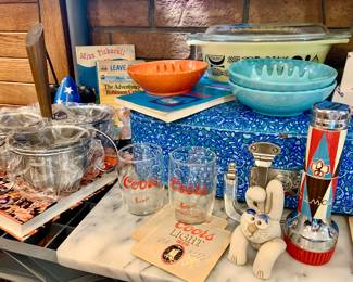 MCM Teak and Stainless relish server, Coors Beer glass's, Ash Trays, Flash Lights and Pyrex Covered Casserole with Cover dish
