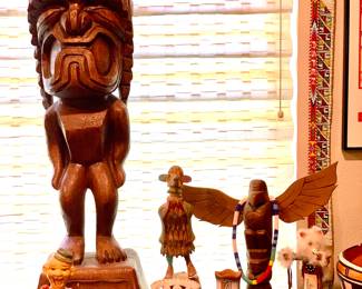 Tiki -Native Dressed United Airlines Hawaii Advertising Statue, Kachina, Wood Eagle Carving, Teak boat shape serving dish, Iron Wood Carved Oxen, Native American Pottery, German Beer Drinker Toy Like, small Native American Basket
