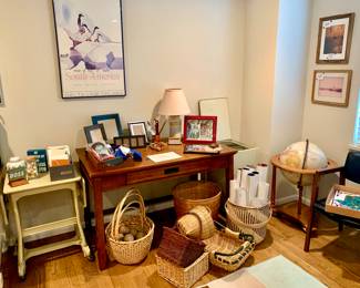 Travel Posters, Vintage metal typewriter desk and a file cart. Wood Desk