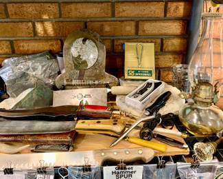 Chipaway Cutlery Rainbow Wood handle knife with box, UnitedStates-Marine Corps Briddell knife, knives-fossils, lantern, glass door knobs