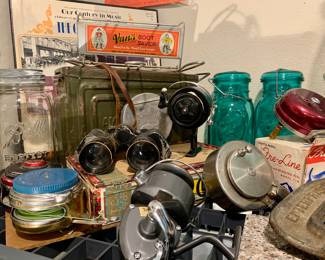 Binoculars, Ball jars, Fishing Reels, Vintage Bullet Box