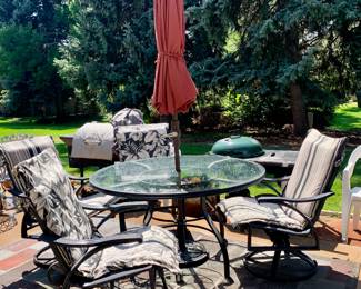 Glass Top Patio Table with 4 Chairs--2 swivel 2 stationary, Lighted Umbrella with Stand