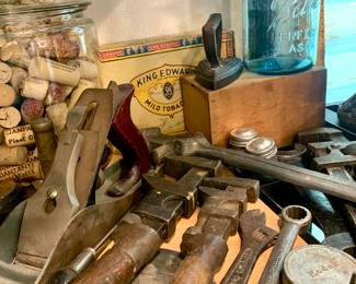 ANTIQUE TOOLS of all kinds, Blue Ball jar with Zinc lid