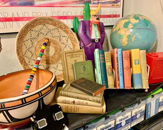 Indian Pottery, Peirson repo, Old Books and Vintage Globe and Red Radio, Viewer
