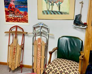 Graciela Boulanger " Holiday on Wheels " Vintage Sleds, Vintage Ice Skates, Leather Top Vintage Side Chair,Travel Poster