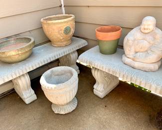Cement Happy Buddha and cement planters and benches