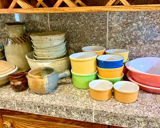 Handmade Ceramic kitchenware. Pyrex colored casserole. Italian made ramekins