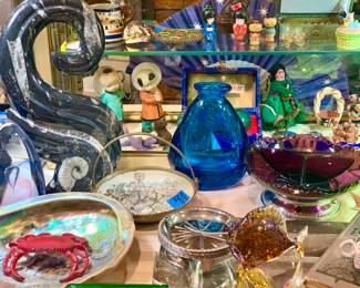 Fossils, Signed Loetz Blue glass vase, Amethyst glass relish dish, Abalone Shell