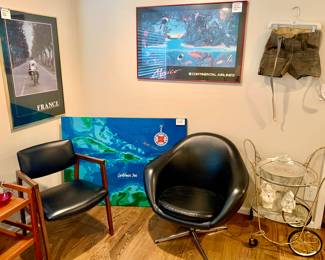 Jim Tillet Caribbean Silkscreen,Continental Airlines 1980's Mexico Travel Advertising Poster. MCM Brass and Glass Teacart. Black leather modern chair.