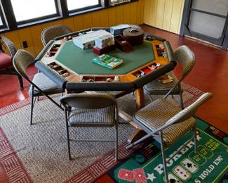 Poker table and accessories. Table folds flat for storage. 