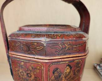 Antique Chinese Lacquered Handpainted Octagon Wooden Basket