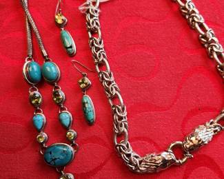 Turquoise and Peridot and Silver Necklace and Earrings. Sterling Silvr Animal (Lion?) Head Necklace. 