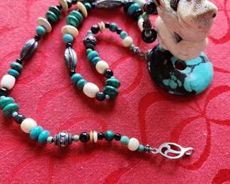 Carved Bone frog with Malachite, Sodalite,  Garnet, silver Necklace. 