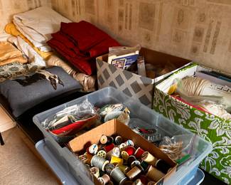 Linens, Box Lot of Sewing Materials, Box Lot of Knitting Materials, and Box Lot of Craft Materials! 