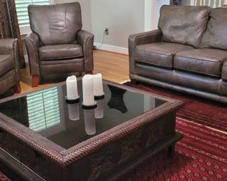 La-Z-Boy leather sofa & 2 recliners, Ethiopian carved wood coffee tabke w/ smoked glass top (rugs are not for sale)