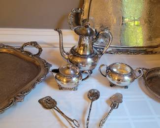 Wilcox 3 piece silverplate tea set, Eaton pewter tray, silverplate trays and servers