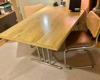 MCM Chrome and Faux Wood Dining Table/Desk #1 and 2 Cane Chairs