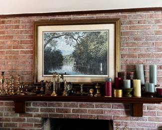 “Black Creek” numbered framed print by Carlton Wilder. Brass candlestick collection. 