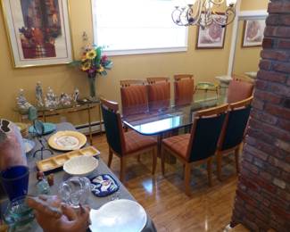 Vintage contemporary glass top/brass & glass base dining table with 8 unusual chairs