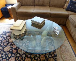 Vintage glass top coffee table with animal horns & lucite base