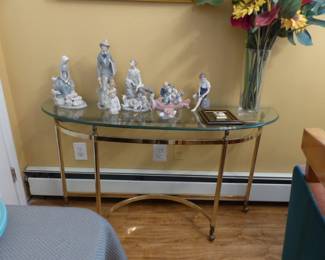 Brass & glass demilune console table, Lladro