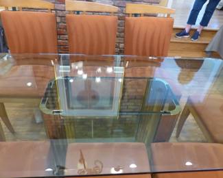 Vintage contemporary glass top/brass & glass base dining table with 8 unusual chairs