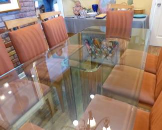 Vintage contemporary glass top/brass & glass base dining table with 8 unusual chairs
