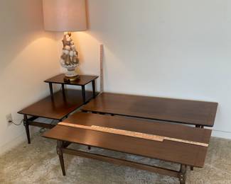 1959 MCM 2-level end table; 2 coffee tables; lamp; all sold separately. Tables have walnut finish