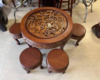 Wood Carved Tea Table with Glass Top